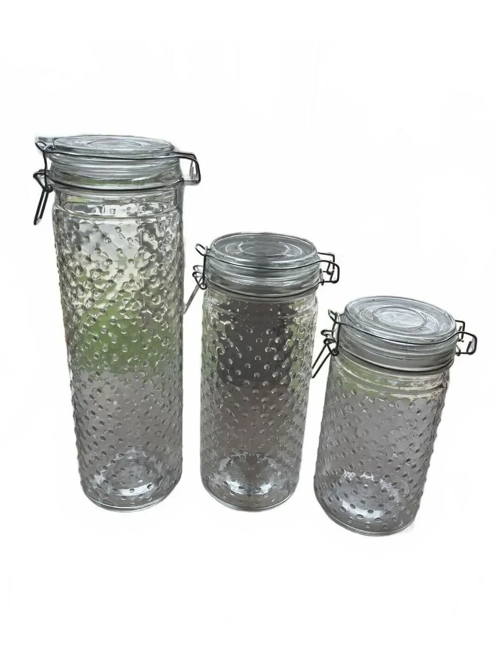 Set of 3 Clear Hobnail Glass Canisters Wire Bail Clamp Lids